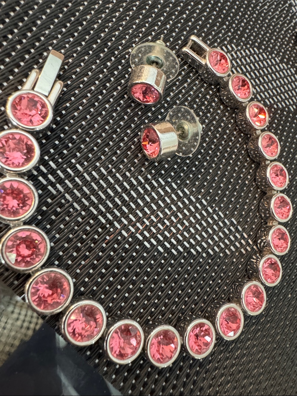 Touchstone Crystal by Swarovski pink bouquet bracelet & stud earring set. 7.5”